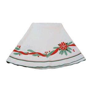 VTG 1980’s Kmart Christmas Poinsettia Red Ribbon 68"‎ Round Tablecloth READ